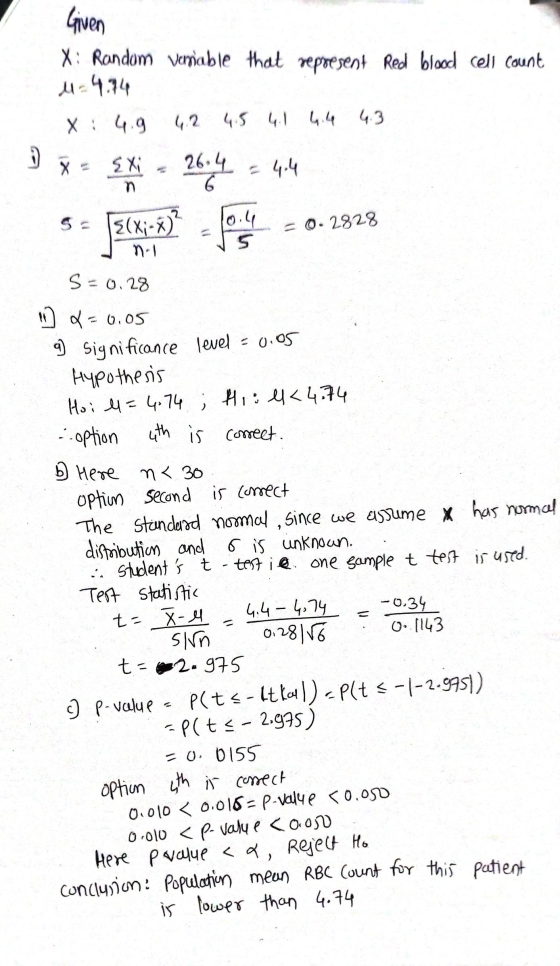 Given X: Random Versable that represent Red blood cell count 44.74 X: 4.9 4.2 4.5 4.1 4.4 SX 26.4 - 4.4 6 8(X;-*) 10.4 - 0.28