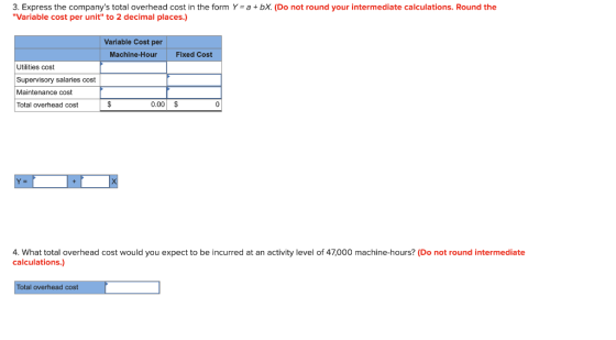 3. Express the companys total overhead cost in the form Y = a + bx. (Do not round your intermediate calculations. Round the