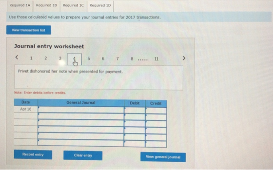 Required 1A Required 1B Required 1C Required 1D Use those calculated values to prepare your journal entries for 2017 transact