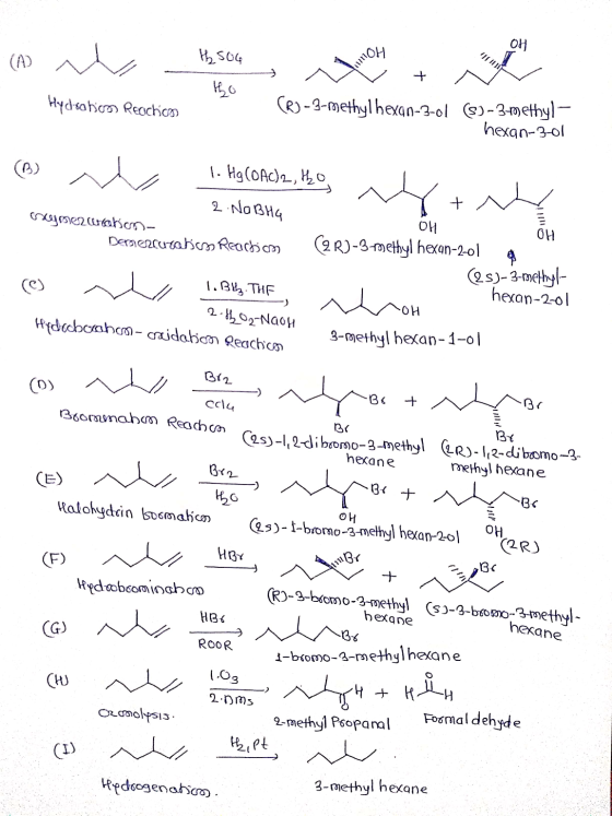 OH H₂ SOG inoy tho Hydration Reachicos C) -3-methyl hexan-3-01 (S)-3-methyl- hexan-3-01 (0) 1. Hg (OAC)2, tho 2 Nabha Ciezwab