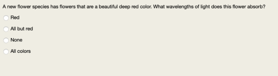A new flower species has flowers that are a beautiful deep red color. What wavelengths of light does this flower absorb? Red