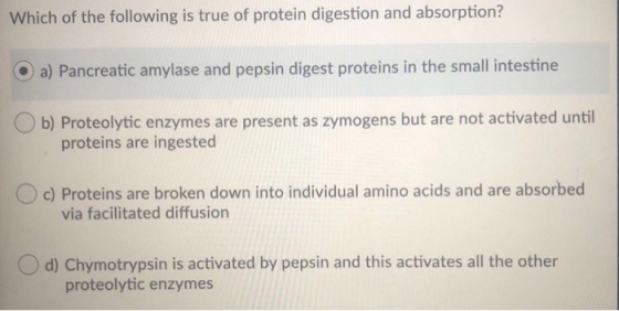Which of the following is true of protein digestion and absorption? a) Pancreatic amylase and pepsin digest proteins in the s