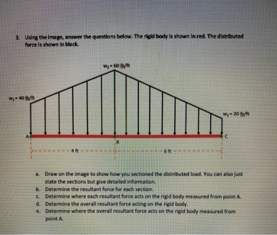 3. Using the image, answer the questions below. The rigid body is shown in red. The distributed force is shown in black wy -