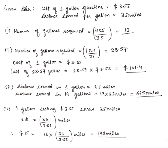 Given dala: cost of distance 1 gallon covered Gasoline = $3655 per gallon = 35miles i Number of gallons required = uss ) = 13