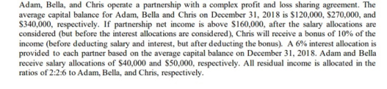 Adam, Bella, and Chris operate a partnership with a complex profit and loss sharing agreement. The average capital balance fo