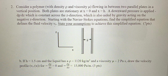 2. Consider a polymer (with density p and viscosity u) flowing in between two parallel plates in a vertical position. Both pl