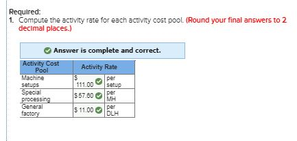 Required: 1. Compute the activity rate for each activity cost pool. (Round your final answers to 2 decimal places.) Answer is