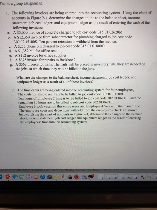 This is a group assignment. The following invoices are being entered into the accounting system. Using the chart of accounts in Figure 2-1, determine the changes in the to the balance sheet, income 1. statement, job cost ledger, and equipment ledger as the result of entering the each of the following invoices: a. A $5,000 invoice of concrete charged to job cost code 315.01.02620M. b. A $12,350 invoice from subcontractor for plumbing charged to job cost code 309.02.15100S. Ten percent retention is withheld from the invoice. c. A S255 phone bill charged to job cost code 315.01.018000 d. A S1,352 bill for office rent e. A S112 invoice for office supplies. f. A S375 invoice for repairs to Backhoe 2. g. A $563 invoice for nails. The nails will be placed in inventory until they are needed on the jobs, at which time they will be billed to the jobs. What are the changes to the balance sheet, income statement, job cost ledger, and equipment ledger as a result of all of these invoices? 2. The time cards are being entered into the accounting system for four employees, The costs for Employee 1 are to be billed to job cost code 302.01.0110OL Ten hours of Employee 2 time is to be billed to job cost code 302.01.06110L and the remaining 30 hours are to be billed to job cost code 302.01.06210L Employee 3 took vacation this entire week and Employee 4 Works in the main office. The employee costs and deductions withheld from the employees check are shown below. Using the chart of accounts in Figure 2-1, determine the changes to the balance sheet, Income statement, job cost ledger and equipment ledger as the result of entering the employees time into the accounting system: