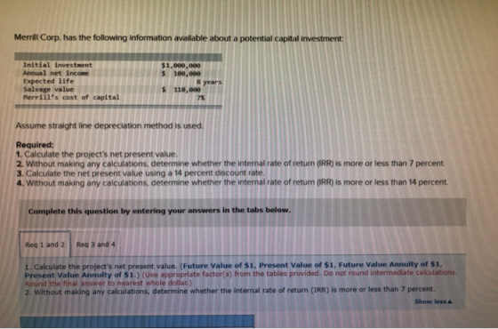 Merrill Corp. has the following information available about a potential capital investment Initial investment $1,eee, ee0 $ 1
