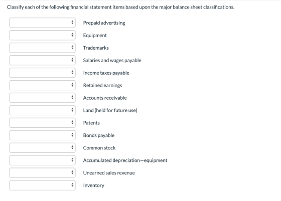 Classify each of the following financial statement items based upon the major balance sheet classifications. Prepaid advertis