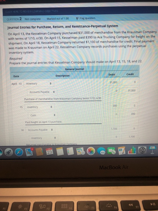 QUESTION 2 Not complete Marked out of 1.00P Flag question Journal Entries for Purchase, Return, and Remittance-Perpetual Syst