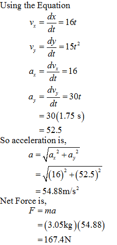 Using the Equation v, 16t a, 16 a, -30t 30(1.75 s) 3 2 - 52.5 So acceleration is (52.5) = 54.88m/s2 Net Force is, = ma (3.05k