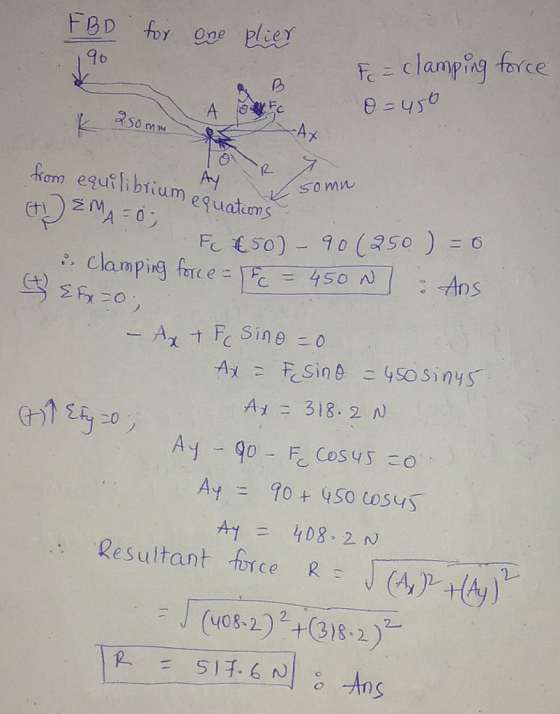 clanp 9 b ec Ay so mn 品Clamp、 A 318.2 N Resultant force JA),Hey) R: (408-2) +318.2