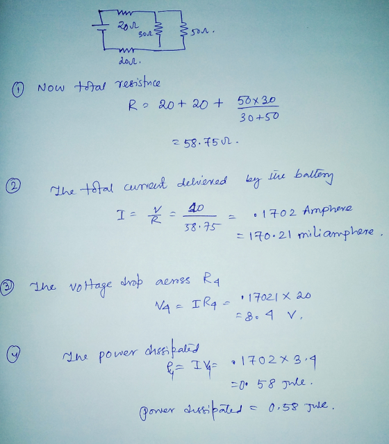 200 son. sor Lor. Now total resistuce Ro 20+ 20+ 50x30 30+50 258.75r. The total current delivered by by the battery 40 I- 38.