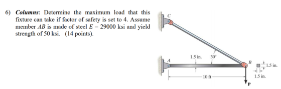 6) Columns: Determine the maximum load that this fixture can take if factor of safety is set to 4. Assume member AB is made of steel E-29000 ksi and yield strength of 50 ksi. (14 points) 5i. 30 15 in 1.5 in 10 ft