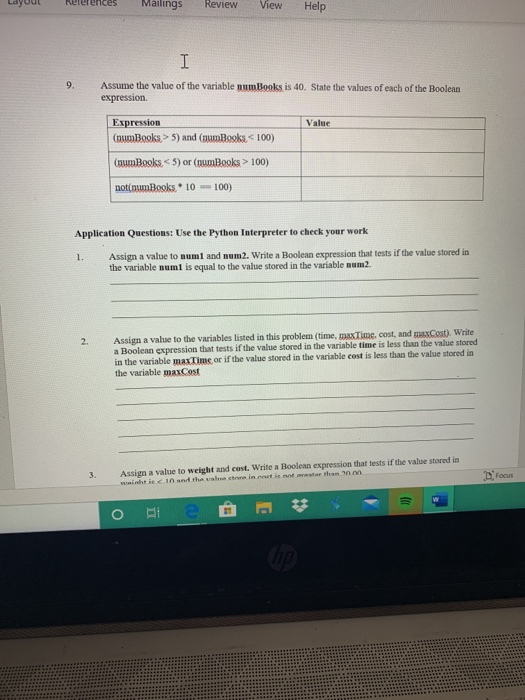 Layout Relerence Mailings Review View Help 9. Assume the value of the variable numBooks is 40. State the values of each of th