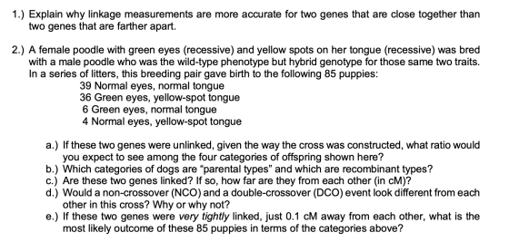 1.) Explain why linkage measurements are more accurate for two genes that are close together than two genes that are farther