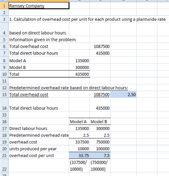 1 Ramsey Company 2 3 1. Calculation of overhead cost per unit for each product using a plantwide rate 4 based on direct labou