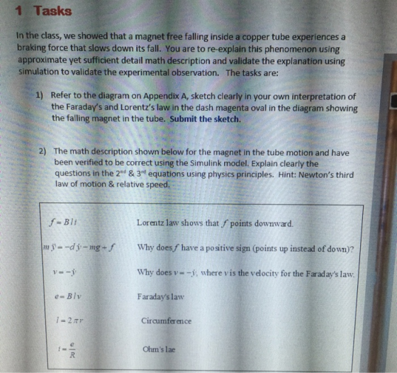 1 Tasks In the class, we showed that a magnet free falling inside a copper tube experiences a braking force that slows down i