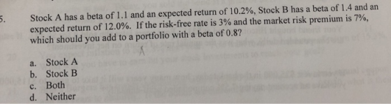 Stock A has a beta of 1.1 and an expected return of 10.2%, Stock B has a beta of 1.4 and an expected return of 12.0%. If the