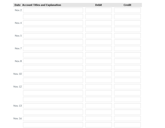 Debit Credit Date Account Titles and Explanation Nov. 2 Nov.4 Nov.5 Nov. 7 Nov. 8 Nov. 10 Nov. 12 Nov. 13 Nov. 16