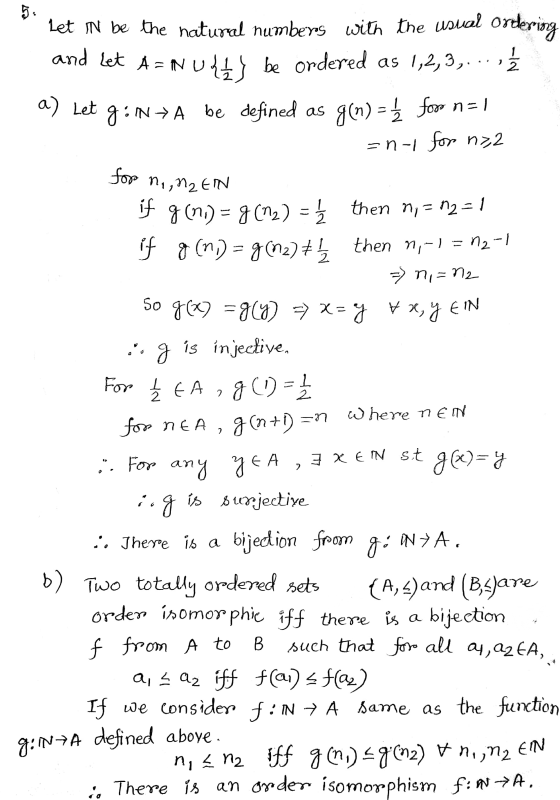 n2-1 고. 5. Let iN be the natural numbers with the usual ordering and let Az NV44} be ordered as 1,2,3,...,Ż a) Let g:N → A be