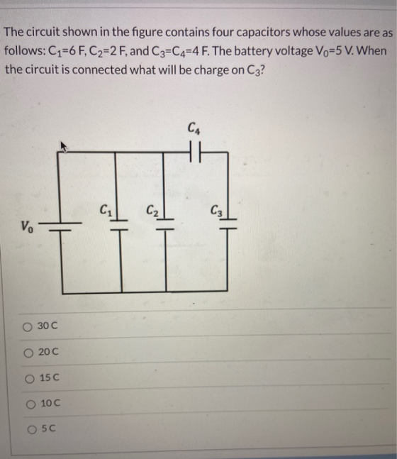 The circuit shown in the figure contains four capacitors whose values are as follows: C1=6 F, C2=2 F, and C3=C4=4 F. The batt