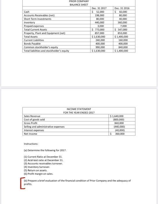 PRIOR COMPANY BALANCE SHEET Cash Accounts Receivables (net) Short Term Investments Inventory Prepaid expenses Total Current A
