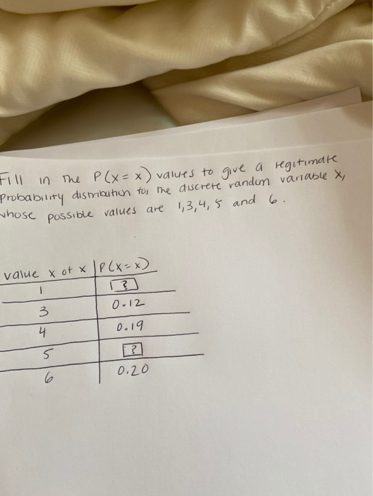 Fill in the P(x=x) values to give a regitimate Probability distribution to the discrete randon vanable X, Possible values are