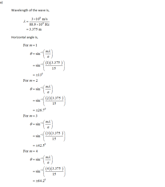 a) Wavelength of the wave is, 3 x108 m/s 2= 88.9x10 Hz = 3.375 m Horizontal angle is, For m=1 m2 O= sin (1)(3.375 = sin 15 +1