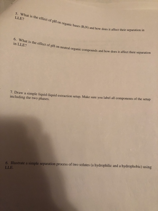 5. What is the effect of pH on organic bases (RN) an LLE? es (RN) and how does it affect their separation in 6. What is the e