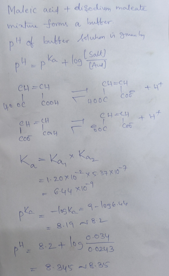 Maleic acid & disodium maleate mixture forms a bubber. pH of butter solchon is givenlig pH = pka + log (SA) CH=CH CH=CH + 4*