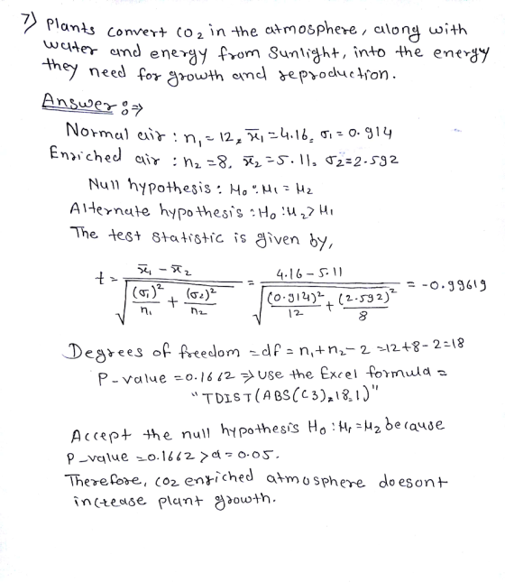 7 Plants convert coz in the atmosphere, alona with WCA er 익nd eneYay from Sun 1, ht, înto the ene th Answer э Null hypothesis : Ho Ht μΓ Alternate hypothesis Ho:U? μ The test 8tatrstic is given by, 4.16- S. 11 2 Degrees of Aeedom -dP- n,+ n,-2 -12+3-2-18 Ac(ερ+ the null hypothesis Ho : H, 420e(ause Thevelose, (o2 entiched atmo sphere do esont nctease Plant Jowth