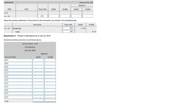 DIVIDENDS Account No. 320 Balance Date Item Post. Ref. Debit Credit Debit Credit 2018 Jun. 28 (64) Select the posting referen