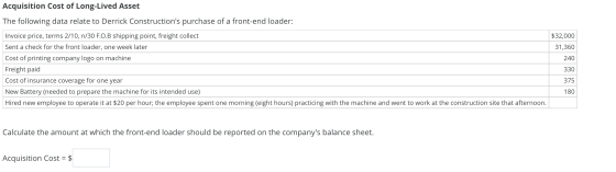 $32,000 31,360 Acquisition Cost of Long-Lived Asset The following data relate to Derrick Constructions purchase of a front-e