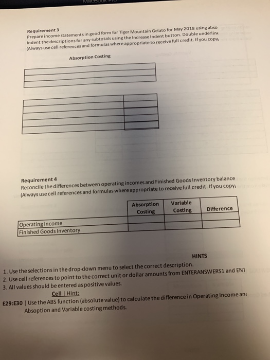 Requirement 3 Prepare income statements in good form for Tiger Mountain Gelato for May 2018 using abso Indent the description