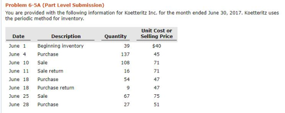 Problem 6-5A (Part Level Submission) You are provided with the following information for Koetteritz Inc. for the month ended