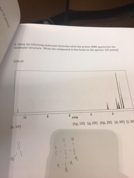 2. Given the following molecular formulas solve the proton NMR spectra for the molecular structure. Write the compound in line bond on the spectra (20 points) C&H120 PPM (6p, 1H) (q, 2H) (6p, 2H) (d, 3H) (t, 3H (s, 1H)