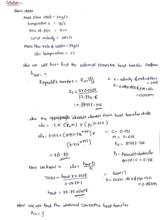 Sclution :- Guiven dala mass Flow ouale = 3kgls temperature 90°C Dia of pipe Rin wind velocity 5m IS man flow rale of water =