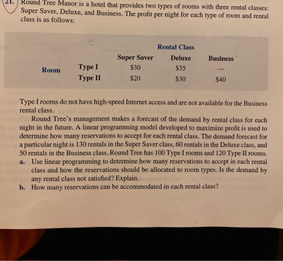 41. Rou Round Tree Manor is a hotel that provides two types of rooms with three rental classes: Super Saver, Deluxe, and Busi