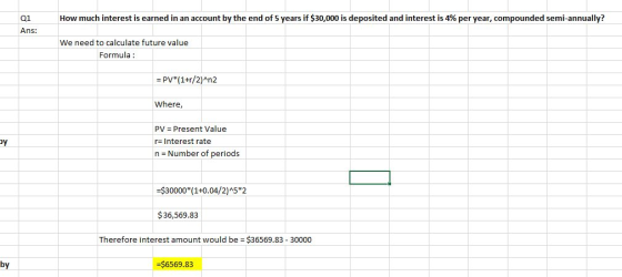 How much interest is earned in an account by the end of 5 years if $30,000 is deposited and interest is 4% per year, compound