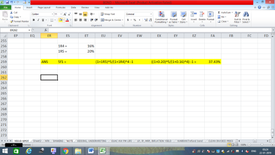 Home nert Page Layout Formulas Data Review View dd-Ins s Cut ta copy ▼ Σ AutoSum Wrap Text ,_a. ars-函Merge & Center, $, % , 弼,8 C Paste B l u. Conditional Format CeInsert Delete Format Formatting as Table Styles2 Clear Sort &Find & Format Painter Clipboard ER262 EP Font Alignment Number Cells Edting EQ ER ES ET EU EV EW EX EY EZ FA FB FC FD 255 256 257 258 259 260 261 262 263 264 265 266 267 268 269 270 271 272 273 1R4 = 16% 20% ANS 5f1 - (1+1R5)A5/(1+1R4)A4-1 ((1+0.20)A5/(1+0.16)A4) -1- 37.43% YIELD SPOT Sheet2 AFN BANKING NOTE BIDDING, UNDERWRITING EUAC AW PM LIFE LP I MR INFLATION YIELD WARRANT fund bond -CLEAN INVOICE PRICE LI 22-01-2019
