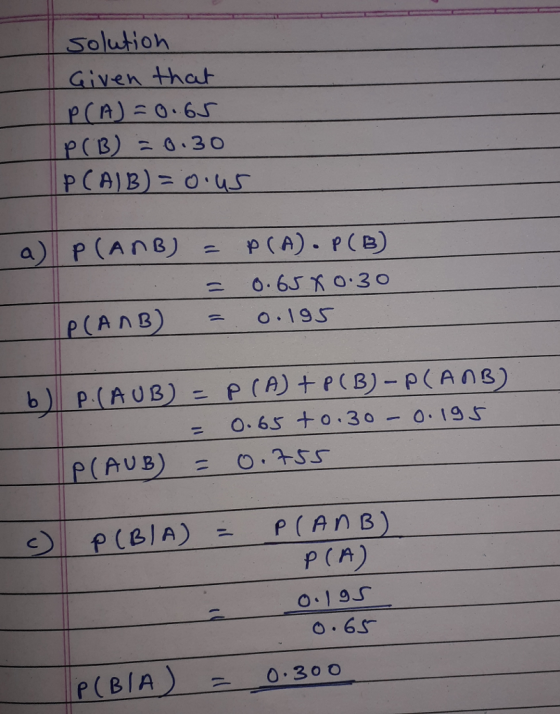 Solutioh Given that p(B) 0.30 O. 6s to.30o019s P (A) |p( BIA ) 0,300