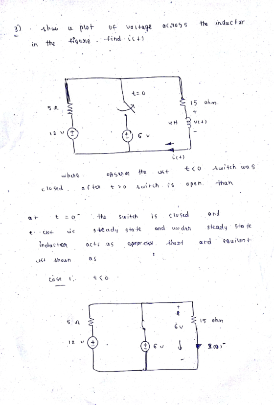 ㅅhau e plot of voltage acJaSs the indu C for in the fig uhe . -find. ÍC41 15 ohm VC4) 12 V(+ 1 o sedaf tuich open -than a h s te ady sta le and vdunsteadly 5ta te CaSe 15 ohm