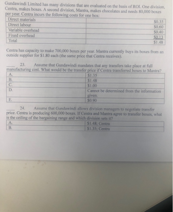 Gundawindi Limited has many divisions that are evaluated on the basis of ROI. One division, Centra, makes boxes. A second div