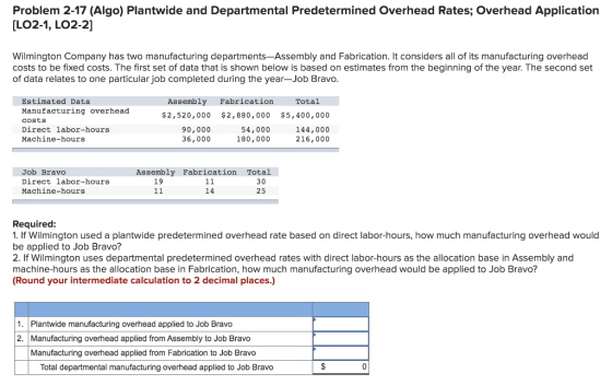 Problem 2-17 (Algo) Plantwide and Departmental Predetermined Overhead Rates; Overhead Application [LO2-1, LO2-2] Wilmington C