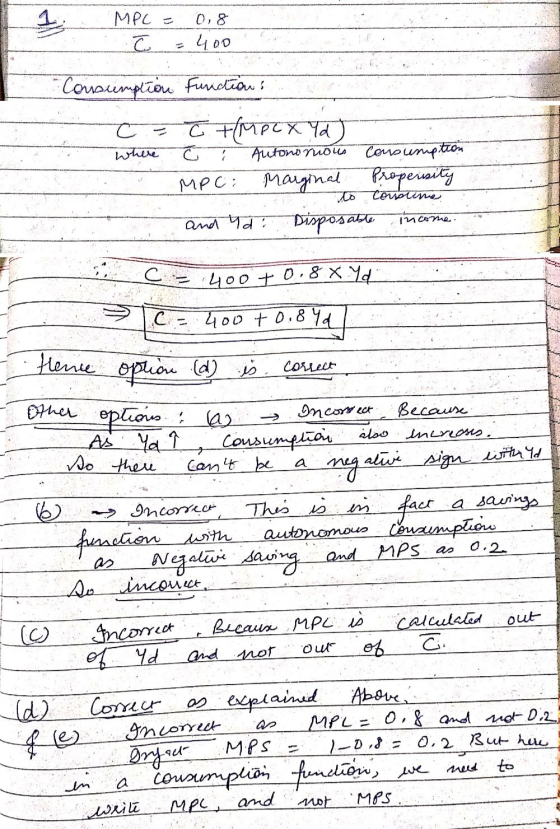 MPC = 0,8 c = 400 - Consumption Furictions c = where c +/MPCX Yd) c Autonomous Consumption MPC: Marginal Propersity to corsim