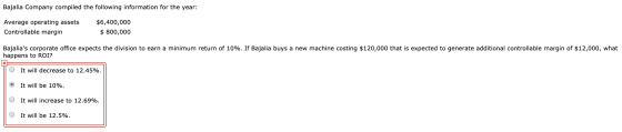 Bajalia Company compiled the following information for the year: Average operating assets Controllable margin $6,400,000 $ 80