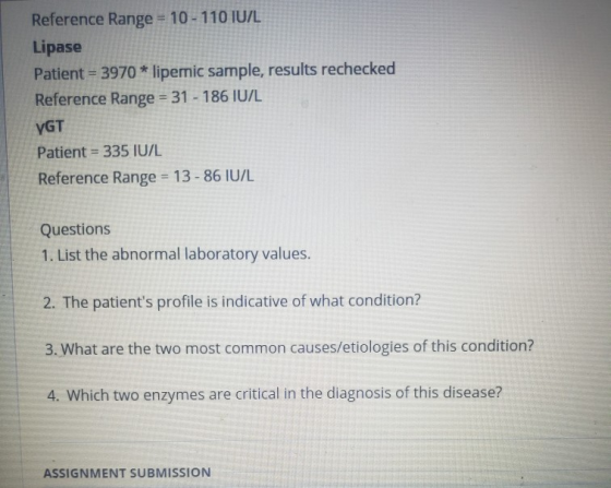 Reference Range = 10 - 110 IU/L Lipase Patient = 3970 * lipemic sample, results rechecked Reference Range = 31 - 186 IU/L YGT