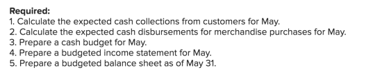 Required: 1. Calculate the expected cash collections from customers for May. 2. Calculate the expected cash disbursements for